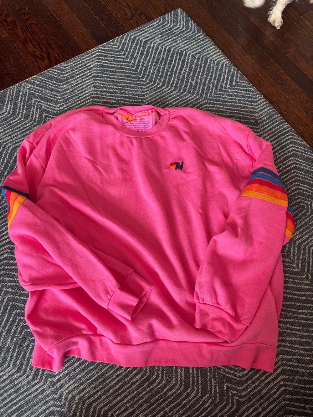 Aviator Nation Hot Pink Crewneck Sweatshirt with Multicolor Sleeve Stripes